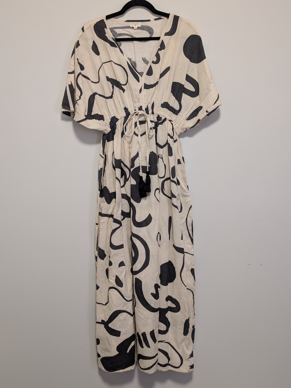 Boho Black & Cream Maxi Dress with Drawstring Waist
